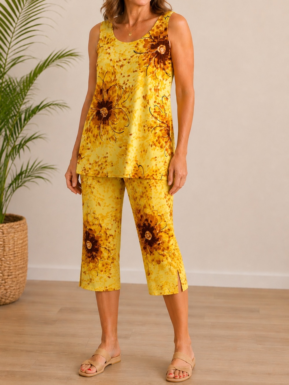 Vintage Jostar Yellow Brown Floral 2 Piece Capri Pant Set Made USA Medium - Picture 1 of 15